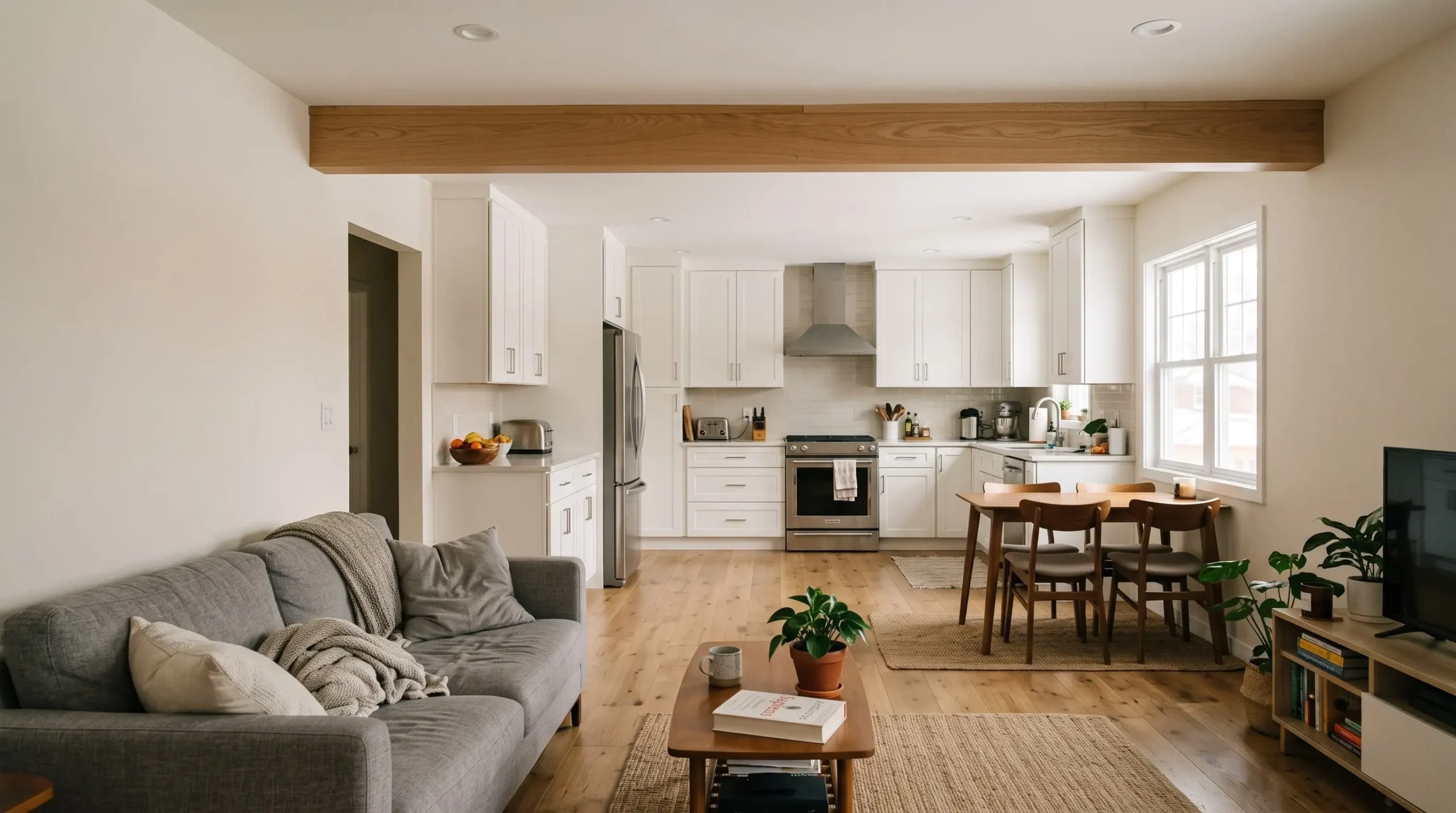 Reforma integral con cocina moderna de concepto abierto, simbolizando un diseño web de alta conversión para constructoras.